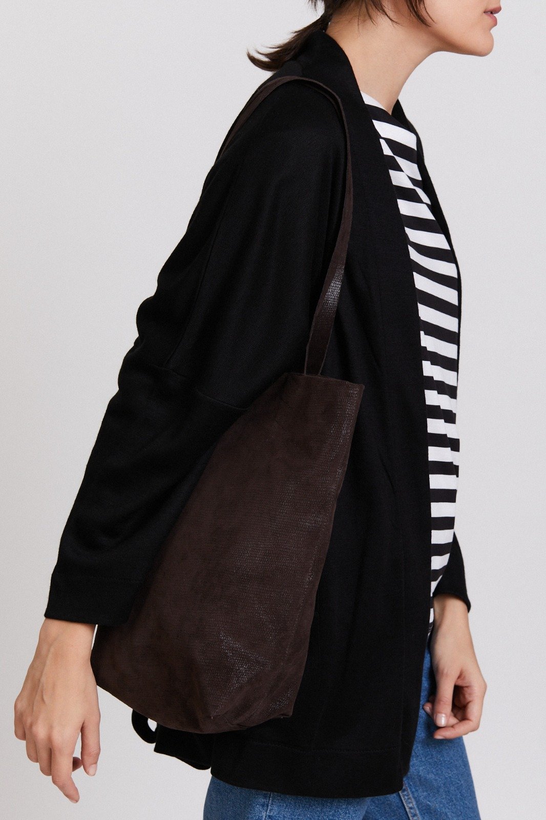 Dark brown leather tote bag top